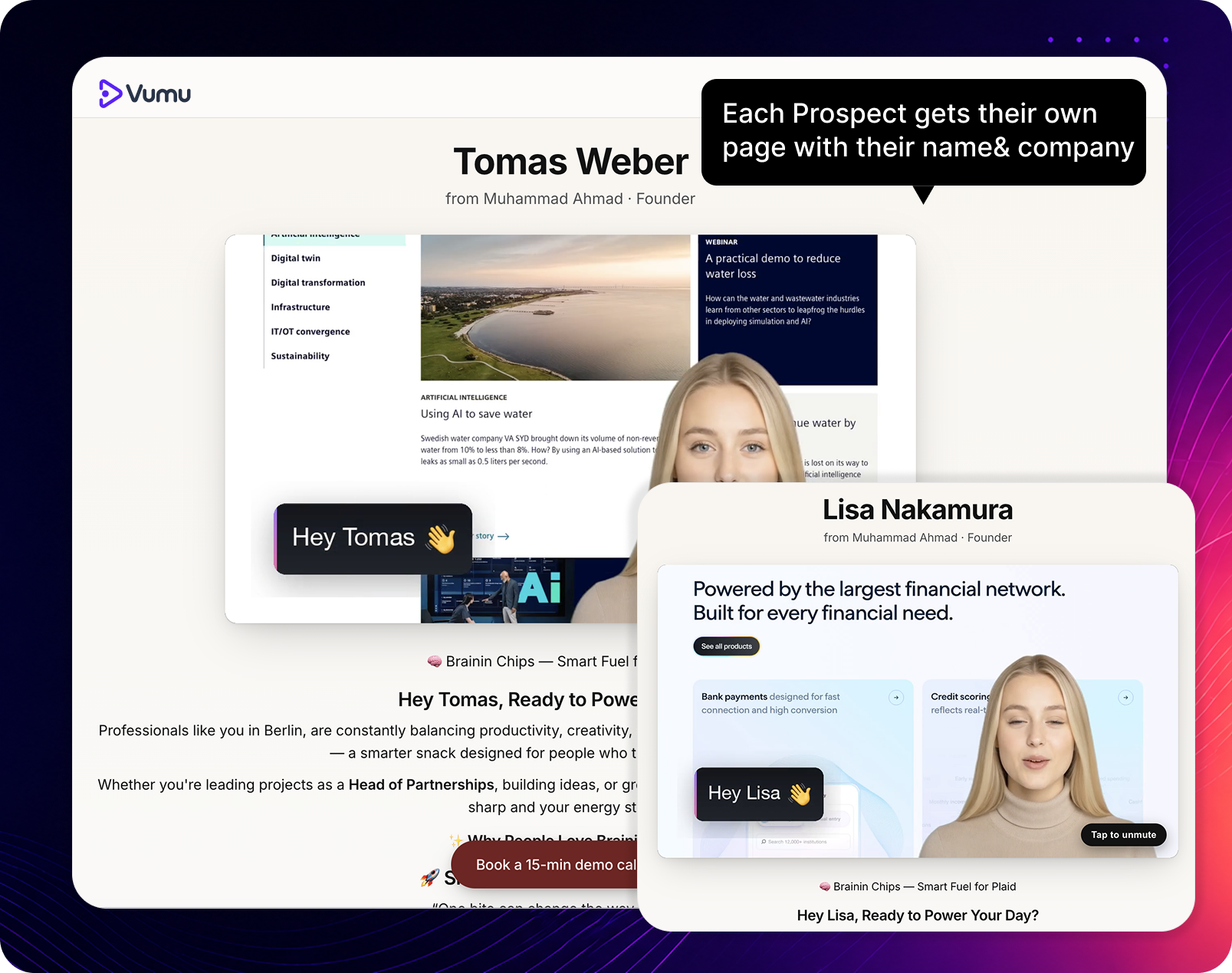 Vumu Campaigns — Q2 SaaS Founder Outreach sequence editor with personalized video embedded as a GIF preview