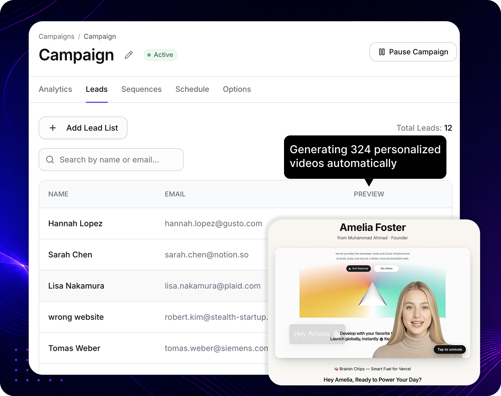 Vumu personalized landing pages — each prospect gets their own page with their name and company