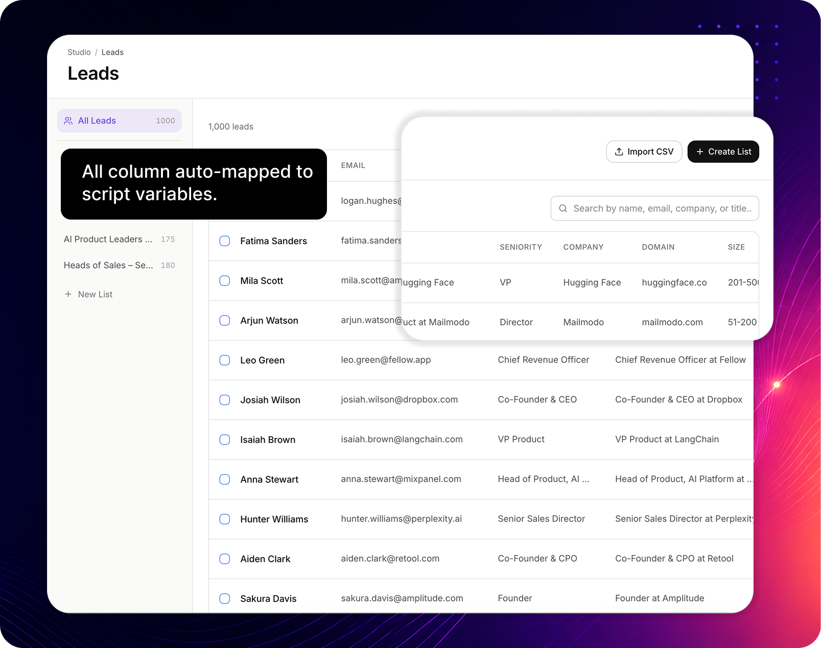 Vumu Campaign — Generating 324 personalized videos automatically with a preview of Amelia Foster's landing page